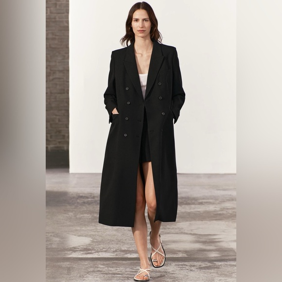 BNWT ZARA WOMEN TAILORED DOUBLE BREASTED COAT ZW COLLECTION LONG COAT BLACK XS - Picture 1 of 13